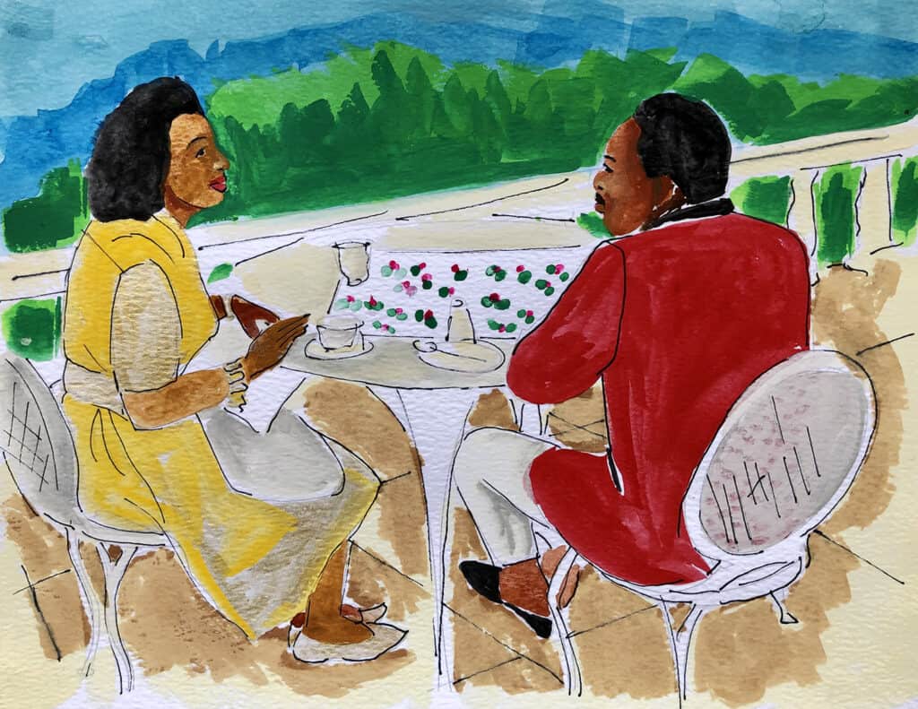 Watercolor painting of Martin Luther King, Jr. and Coretta Scott King sitting at a table by Derrick Adams