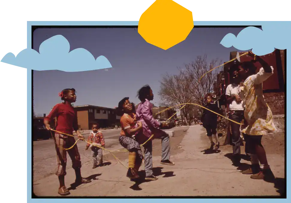 A photograph of five Black children playing double dutch jump rope on a sunny, urban street. The image is decorated with simple, cutout-style drawings of a yellow sun and blue clouds.